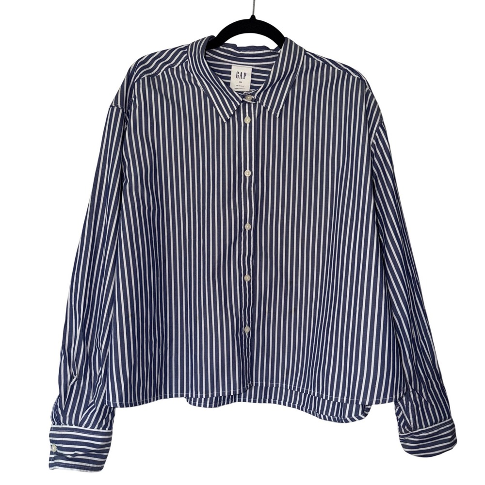 Gap The Big Shirt XXL Blue White Striped Cotton Long Sleeve Cropped Button Down